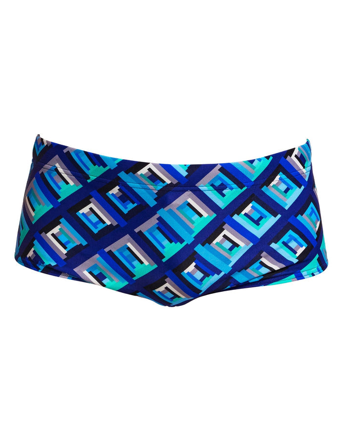 Funky Trunks Boys blue bunkers sidewinder swim trunks with geometric swim cap