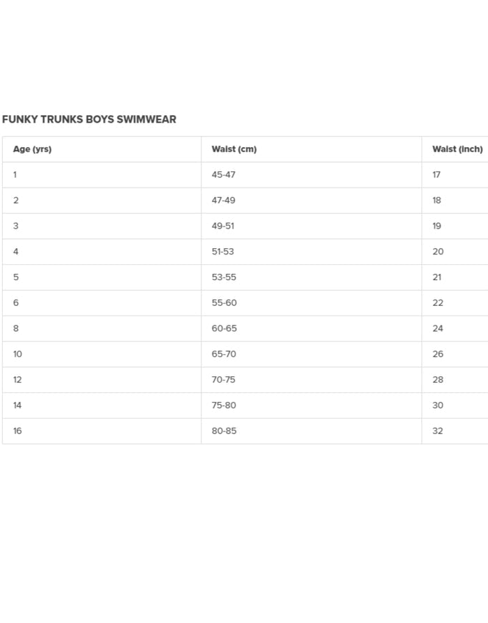 Funky Trunks Boys Blue Sidewinder swim trunks size chart