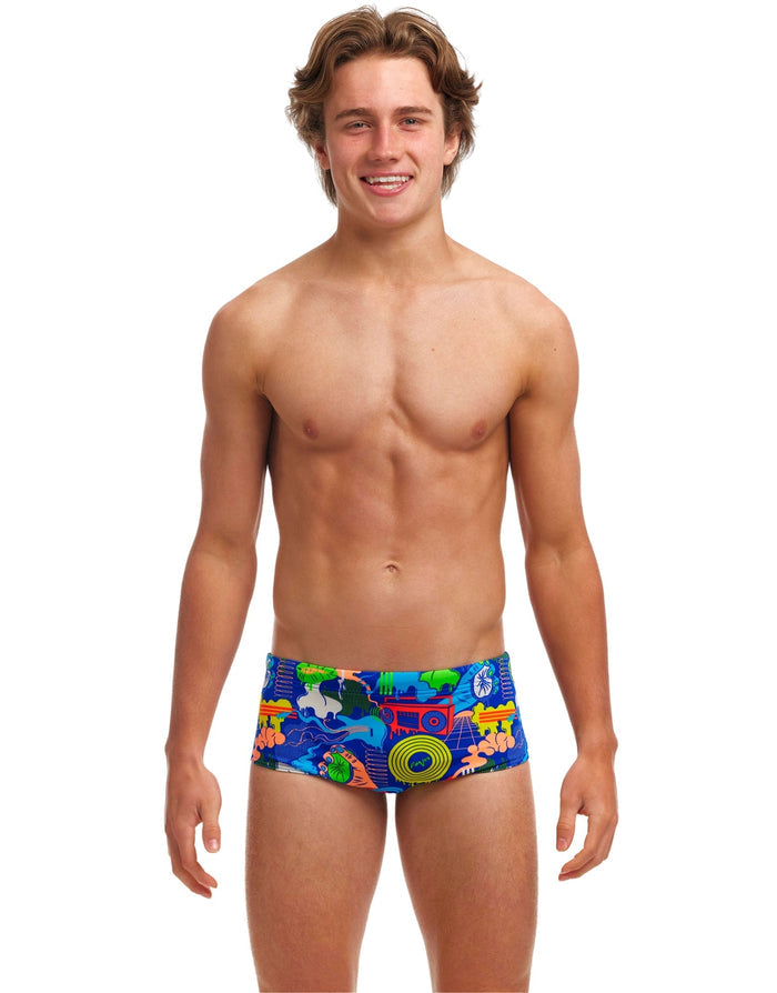 Funky Trunks Boys Blues Baby Sidewinder swim trunks in blue with fun patterns