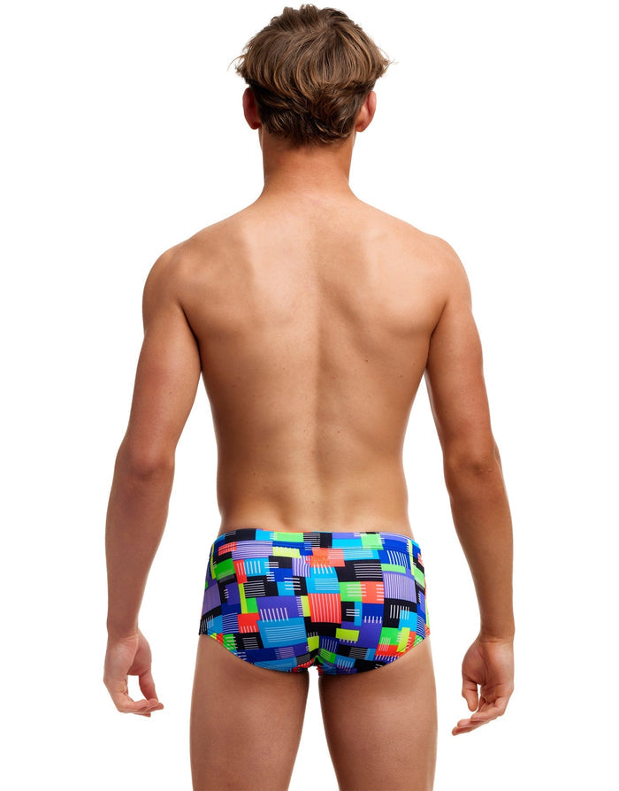 Funky Trunks Boys Chip Set Sidewinder swim trunks in multicolored geometric pattern