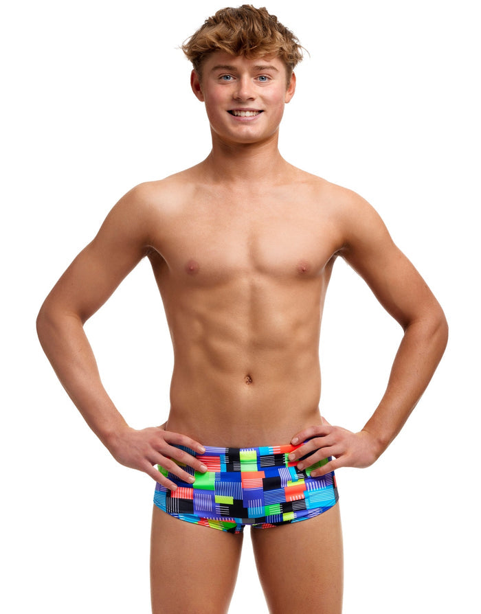 Vibrant multicolored geometric Funky Trunks Boys Chip Set Sidewinder swim trunks