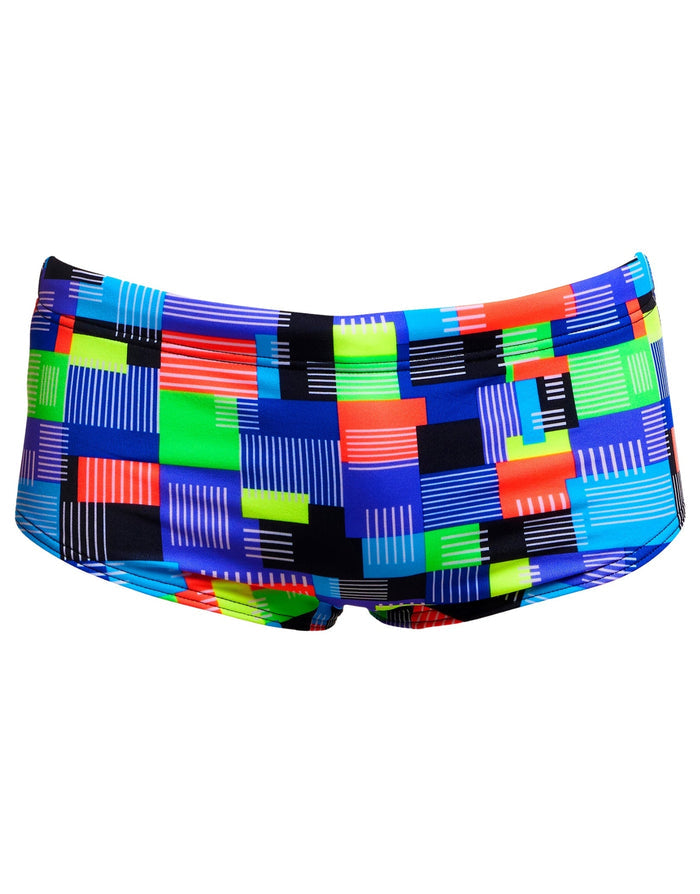 Funky Trunks Boys Chip Set Sidewinder swim trunks in multi-colored geometric pattern