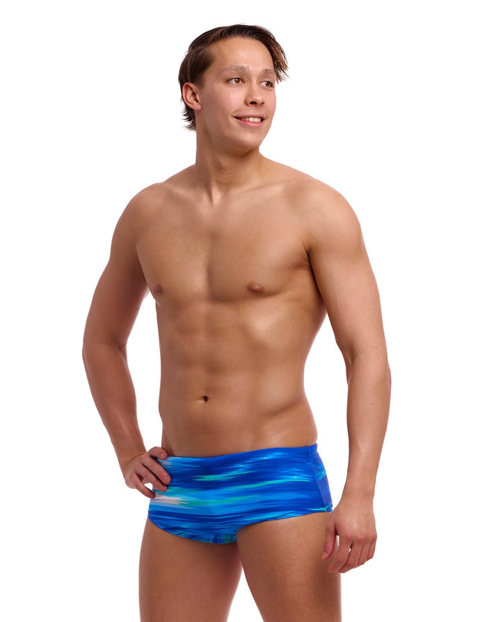 Funky Trunks Sea Breeze Sidewinder swim trunks in blue and green water pattern