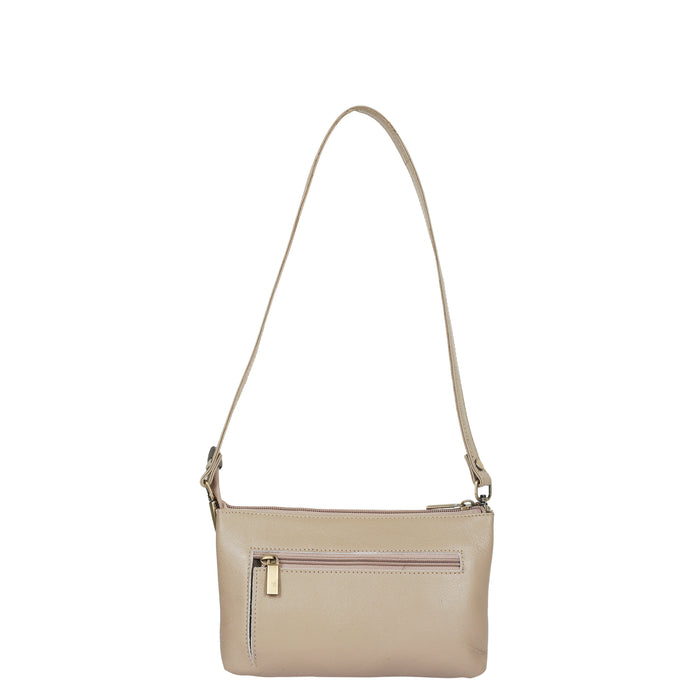 Women's taupe leather crossbody sling bag for work, travel, and daily use-back view