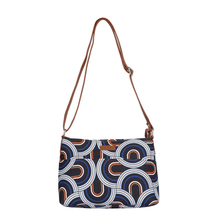 Abstract printed canvas shoulder‑sling bag with soft relaxed silhouette for office and daily use