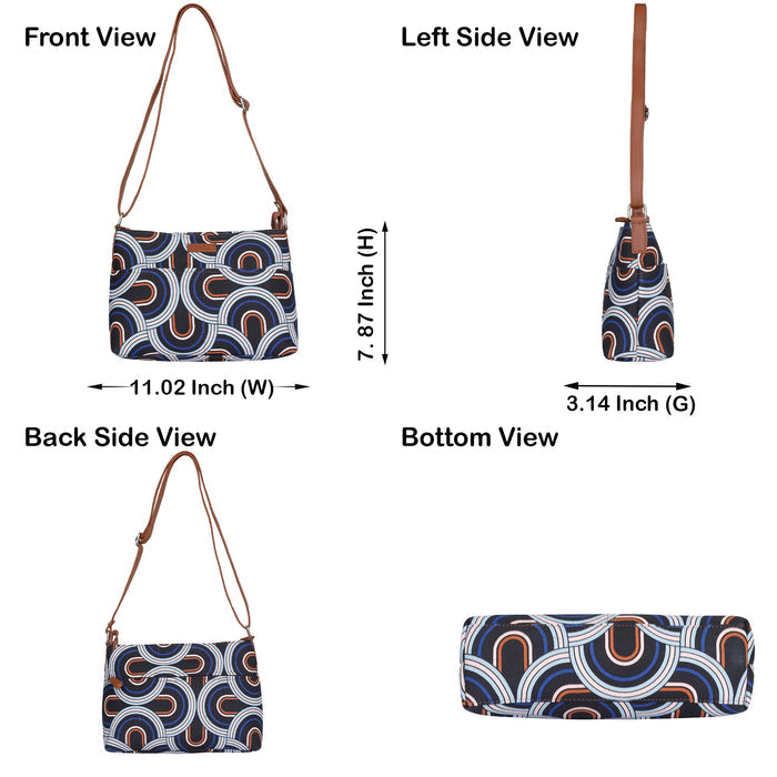 Abstract printed canvas shoulder‑sling bag with soft relaxed silhouette for office and daily use- infographic image