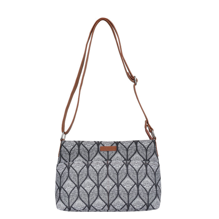 Monochrome printed canvas shoulder‑sling bag with soft relaxed silhouette for daily and travel use