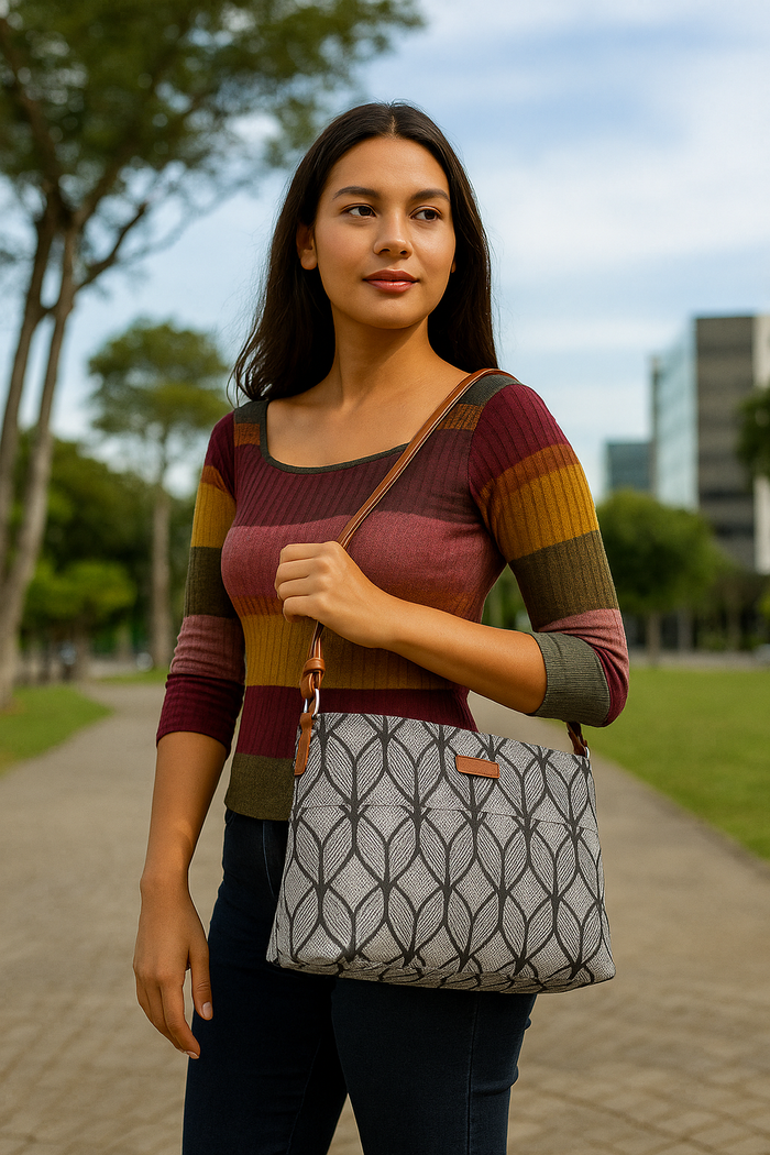 Monochrome printed canvas shoulder‑sling bag with soft relaxed silhouette for daily and travel use-model image