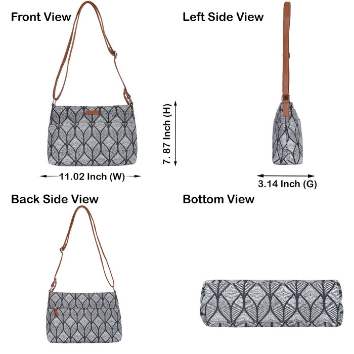 Monochrome printed canvas shoulder‑sling bag with soft relaxed silhouette for daily and travel use-infographic image