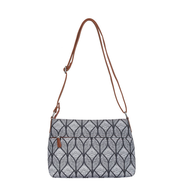 Monochrome printed canvas shoulder‑sling bag with soft relaxed silhouette for daily and travel use-back view