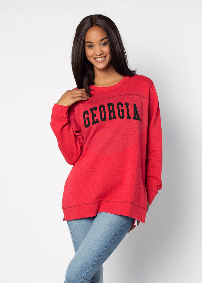 Georgia Bulldogs Women's Red  Feathered fleece  with Long side slits finished with white twill tape and front yoke seam