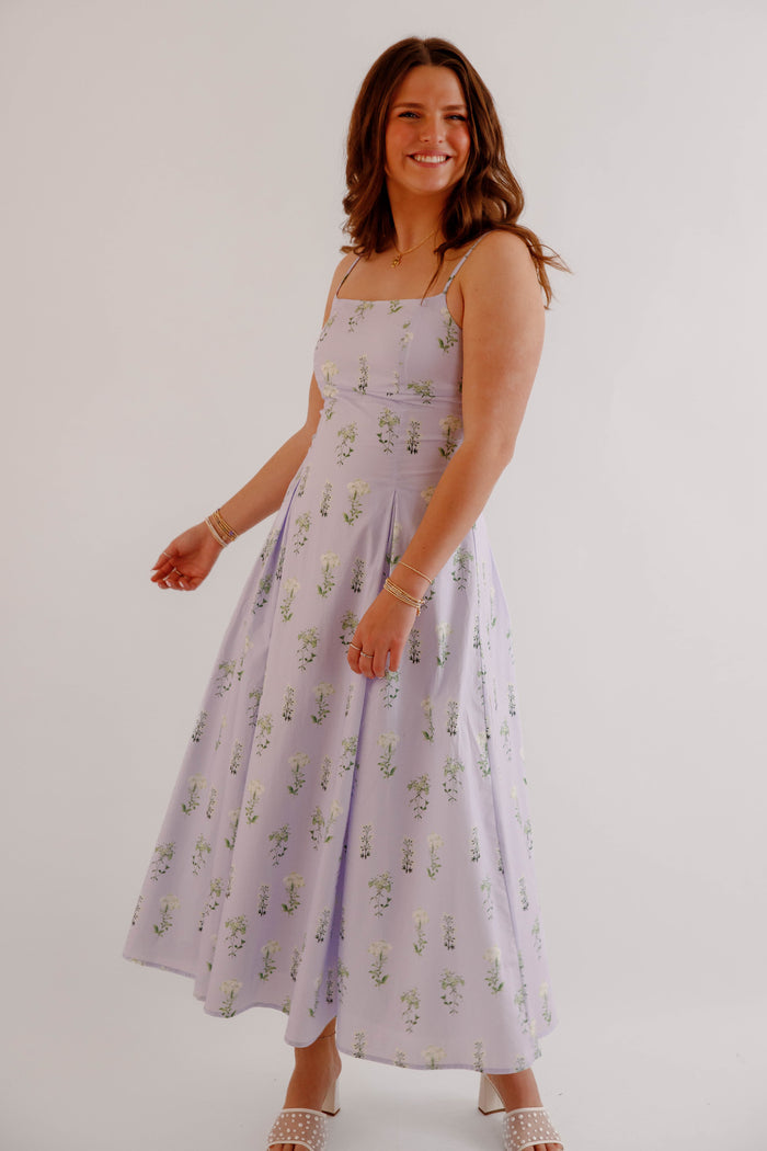 Lavender Floral Midi Dress – Feminine Spring Garden Party Dress- Mable Floral Cotton Dress