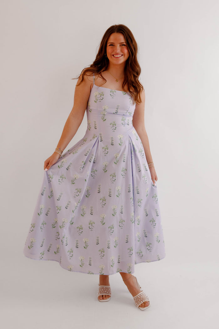Lavender Floral Midi Dress – Feminine Spring Garden Party Dress- Mable Floral Cotton Dress