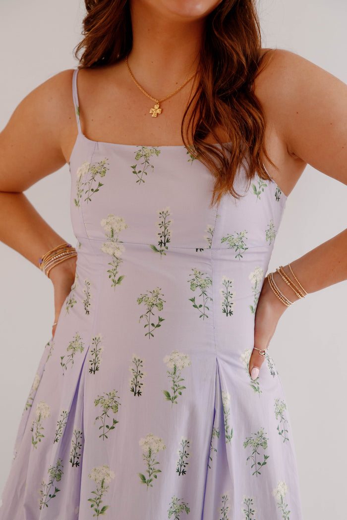 Lavender Floral Midi Dress – Feminine Spring Garden Party Dress- Mable Floral Cotton Dress