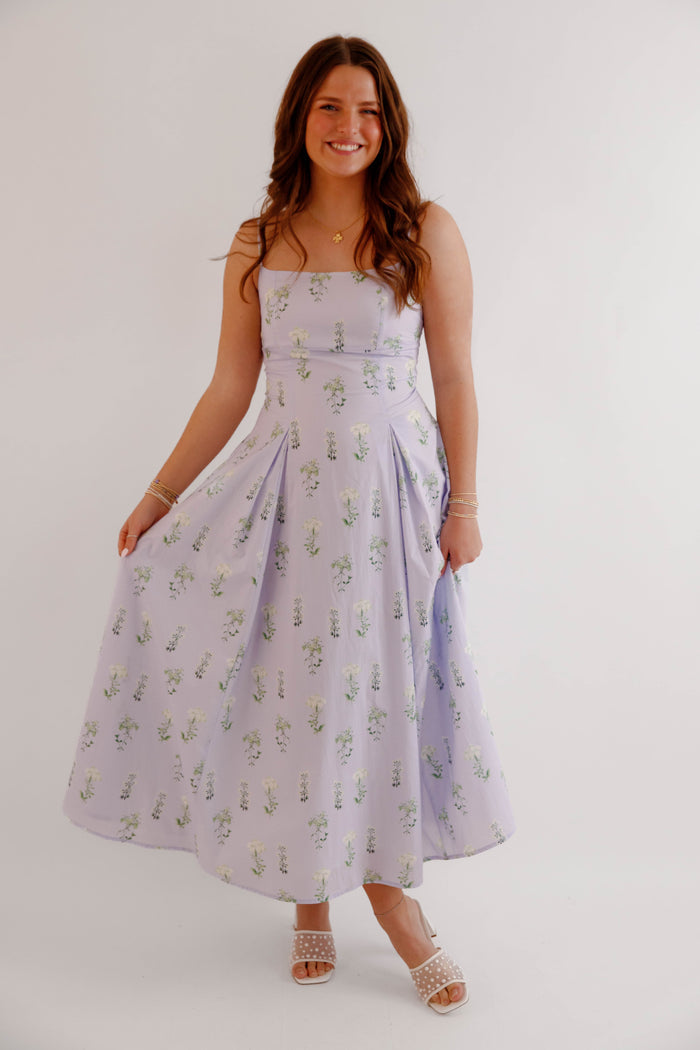 Lavender Floral Midi Dress – Feminine Spring Garden Party Dress- Mable Floral Cotton Dress
