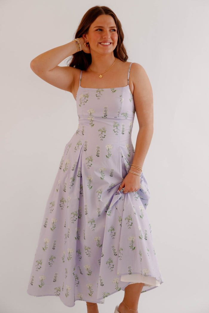 Lavender Floral Midi Dress – Feminine Spring Garden Party Dress- Mable Floral Cotton Dress