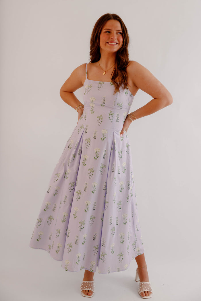 Lavender Floral Midi Dress – Feminine Spring Garden Party Dress- Mable Floral Cotton Dress