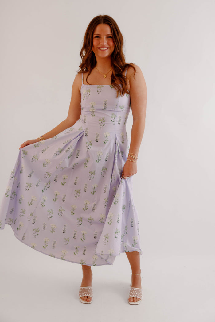 Lavender Floral Midi Dress – Feminine Spring Garden Party Dress- Mable Floral Cotton Dress
