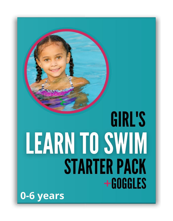 Girls learn swim starter pack with blue nylon spandex trunks