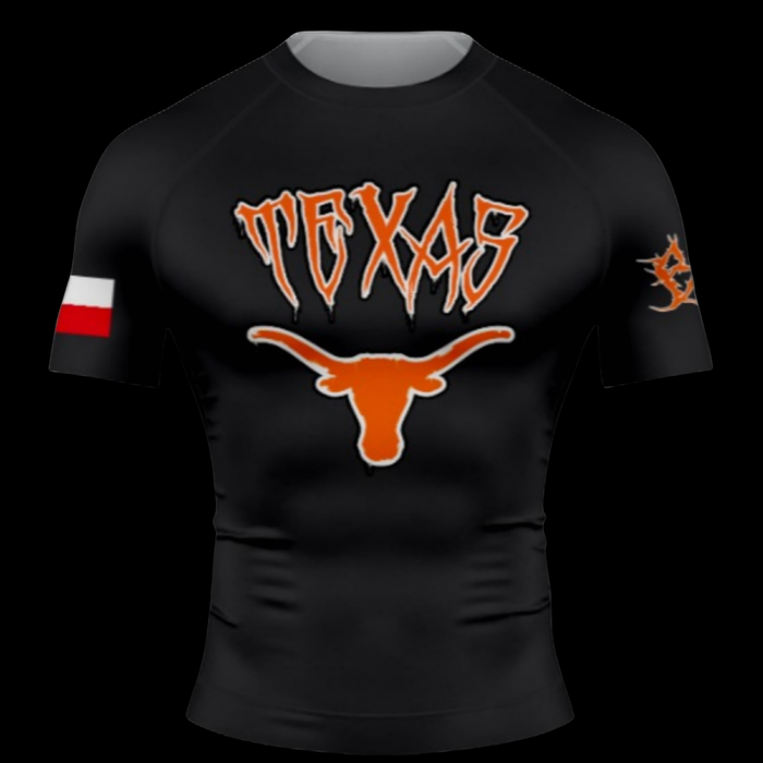 Brutal Cuddlers UT inspired BJJ rashguard front view for no gi grappling black