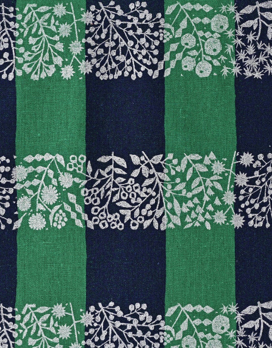 Green Lattice and Metallic Silver Japanese Cotton Linen Fabric, Echino