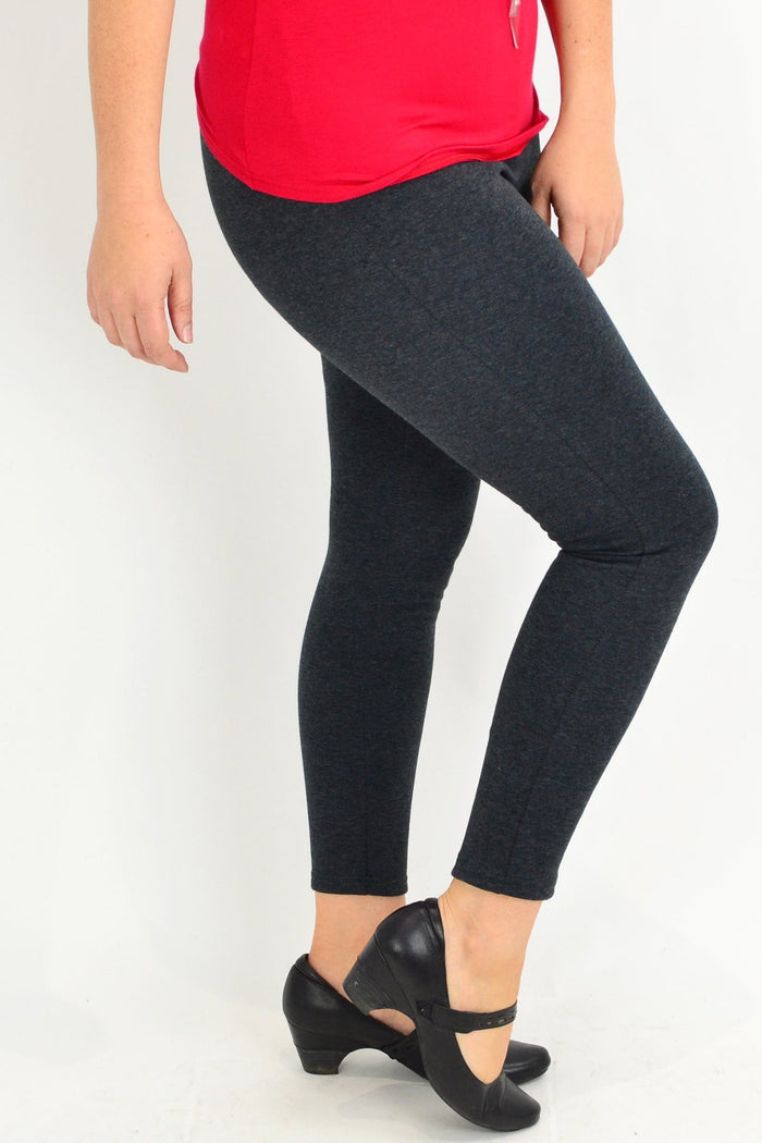 Grey fleece-lined full-length leggings by Whispers, showing soft, cozy fabric and comfortable fit for winter wear.
