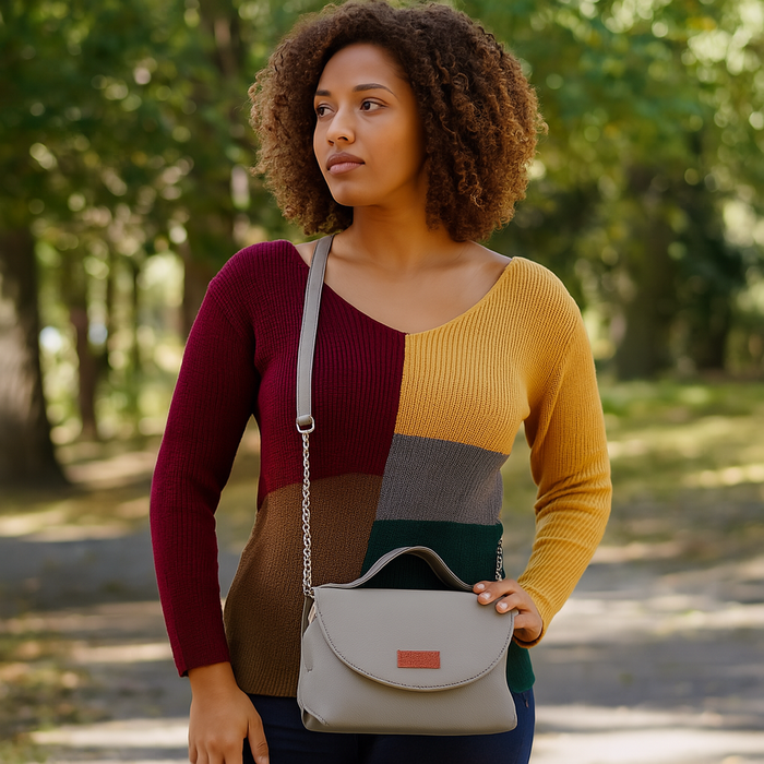 Women’s grey vegan leather top handle crossbody sling shoulder bag-model image