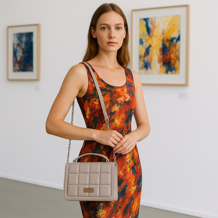 Women’s grey padded vegan leather top handle crossbody sling shoulder bag-model image