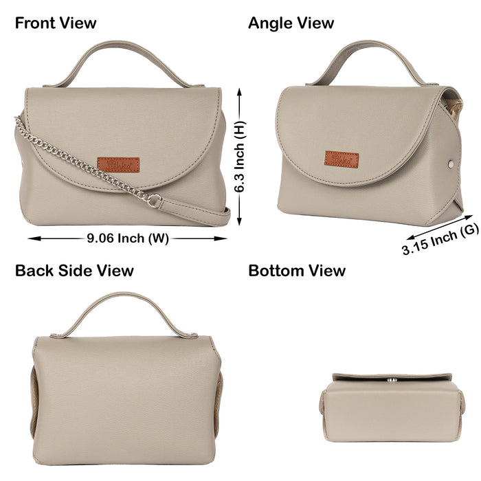 Women’s grey vegan leather top handle crossbody sling shoulder bag-infographic image