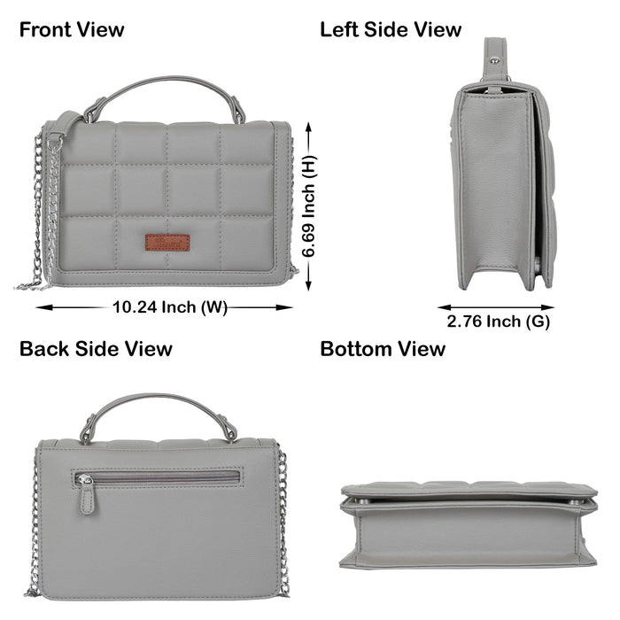 Women’s grey padded vegan leather top handle crossbody sling shoulder bag-infographic image