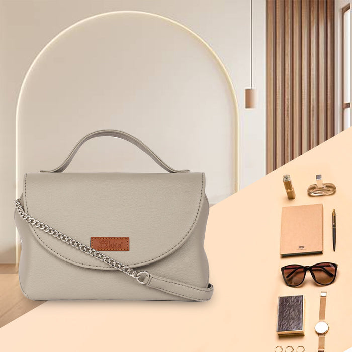 Women’s grey vegan leather top handle crossbody sling shoulder bag-feature image