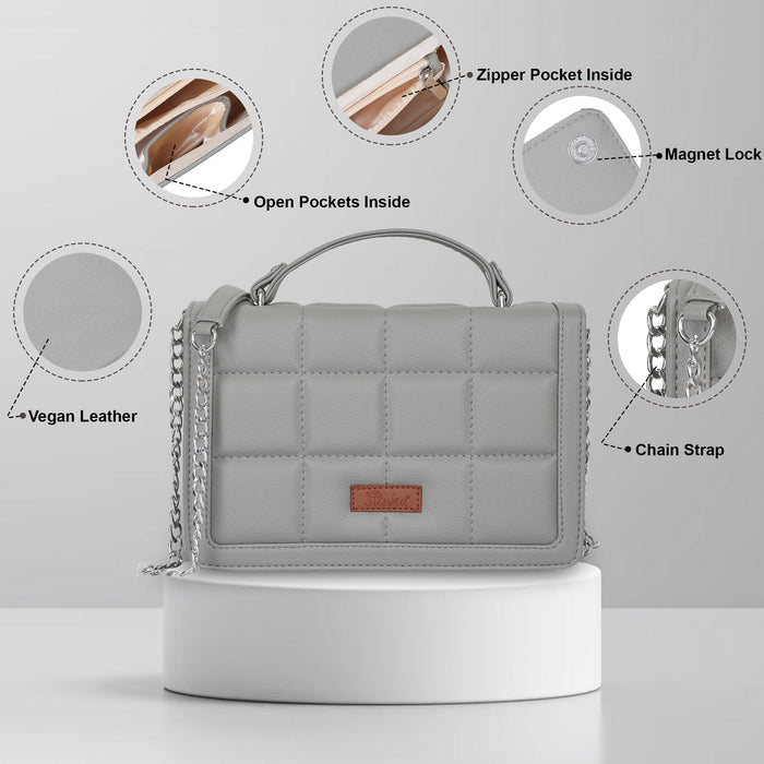 Women’s grey padded vegan leather top handle crossbody sling shoulder bag-feature image
