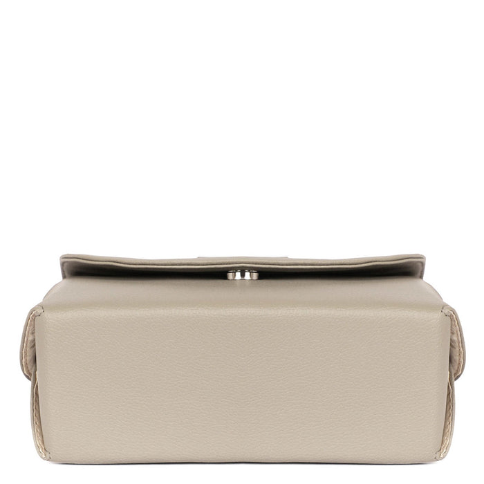 Women’s grey vegan leather top handle crossbody sling shoulder bag-bottom view