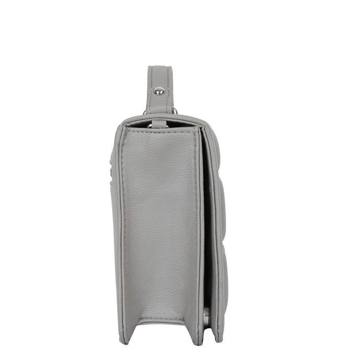 Women’s grey padded vegan leather top handle crossbody sling shoulder bag-side view