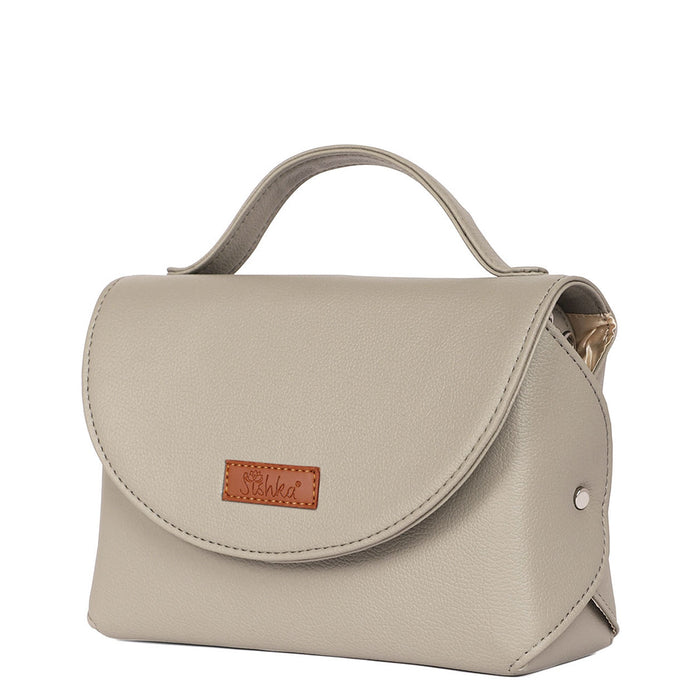 Women’s grey vegan leather top handle crossbody sling shoulder bag-half side view