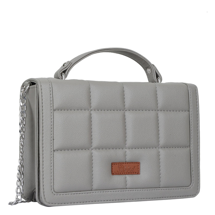 Women’s grey padded vegan leather top handle crossbody sling shoulder bag-half side view