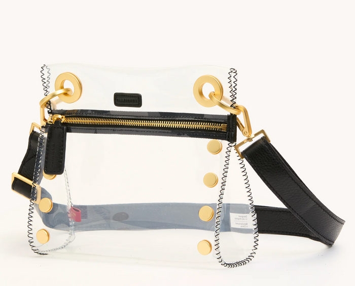 clear crossbody with black zipper and gold hardware