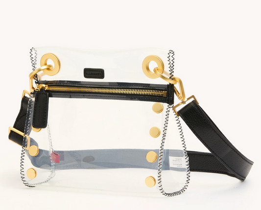 clear crossbody with black zipper and gold hardware