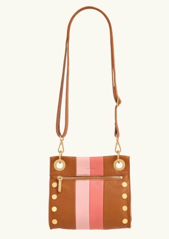 brown and pink leather crossbody