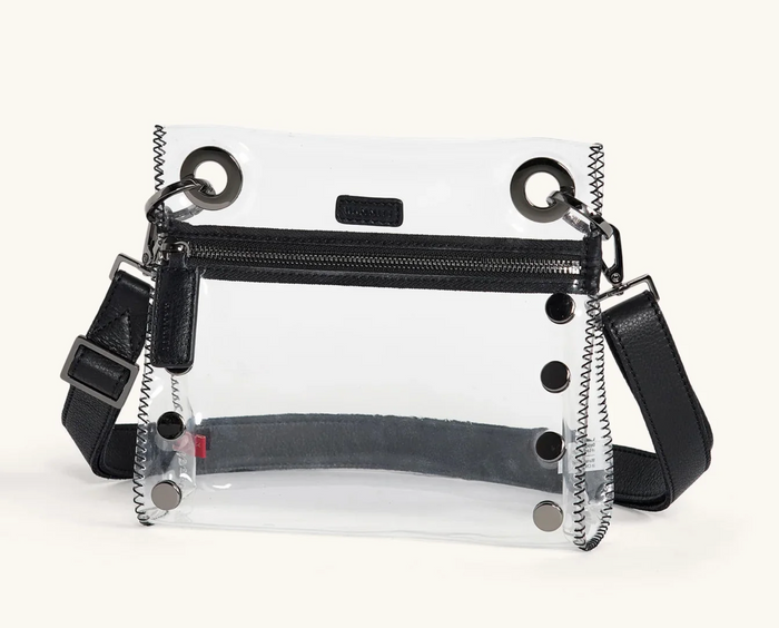 clear crossbody with black zipper and gunmetal hardware