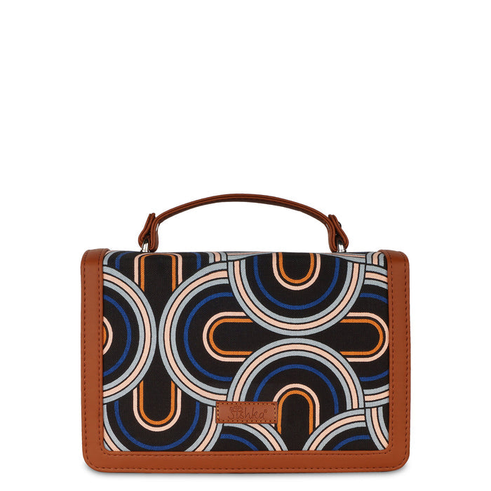 Abstract printed canvas crossbody sling bag with slim horizontal silhouette for office and daily use
