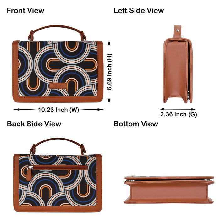 Abstract printed canvas crossbody sling bag with slim horizontal silhouette for office and daily use- infographic image