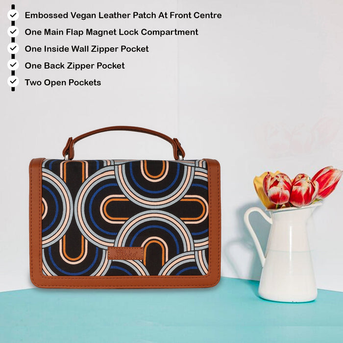 Abstract printed canvas crossbody sling bag with slim horizontal silhouette for office and daily use-feature image