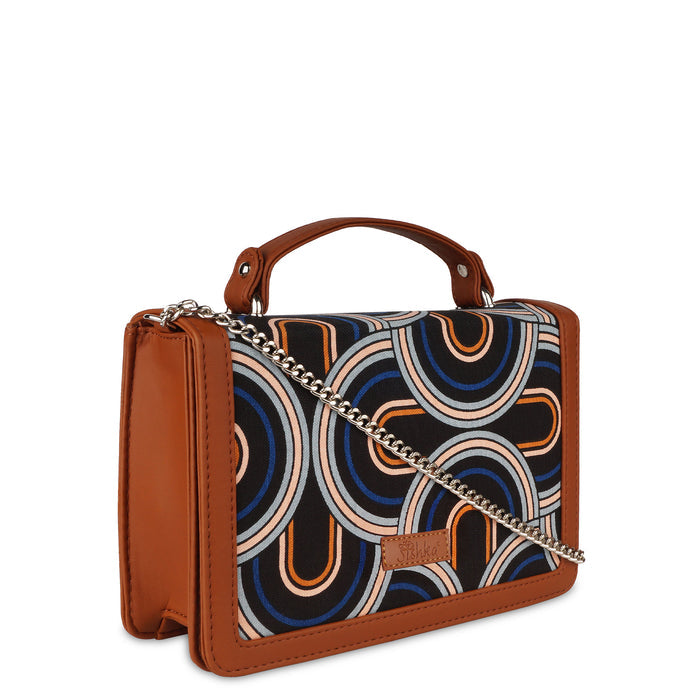 Abstract printed canvas crossbody sling bag with slim horizontal silhouette for office and daily use-half side view