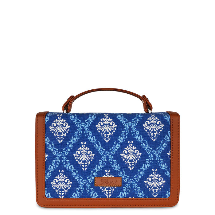 Blue printed canvas crossbody sling bag with slim horizontal silhouette for work and everyday use