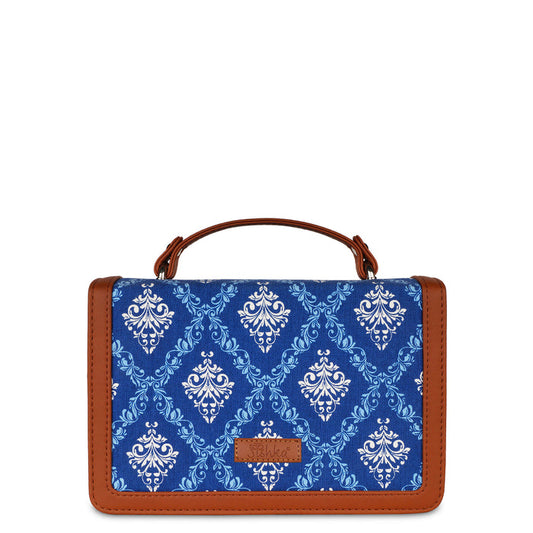Blue printed canvas crossbody sling bag with slim horizontal silhouette for work and everyday use