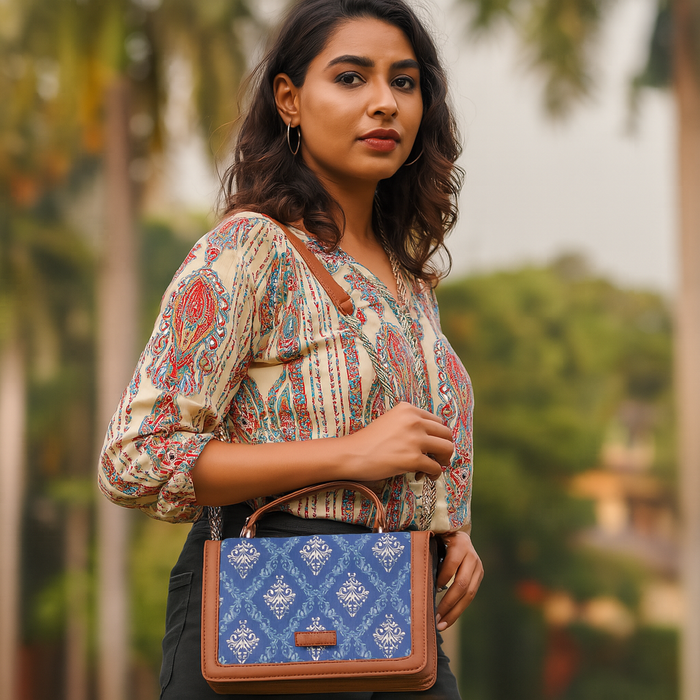 Blue printed canvas crossbody sling bag with slim horizontal silhouette for work and everyday use-model image