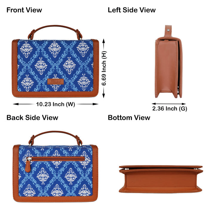 Blue printed canvas crossbody sling bag with slim horizontal silhouette for work and everyday use-infographic image