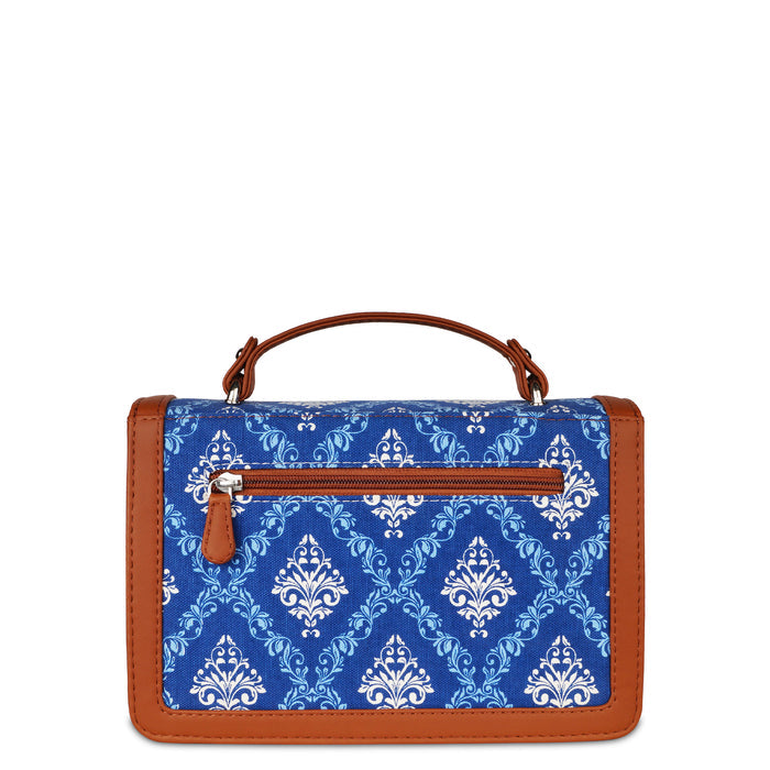 Blue printed canvas crossbody sling bag with slim horizontal silhouette for work and everyday use-back view