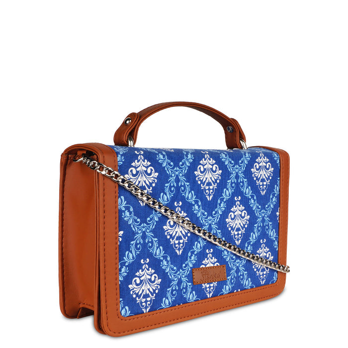 Blue printed canvas crossbody sling bag with slim horizontal silhouette for work and everyday use-half side view